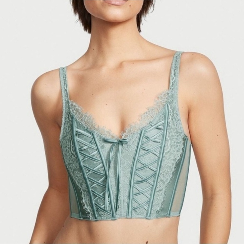 Victorias Secret • Dream Angels Mint Green Lace Sheer Corset Unlined